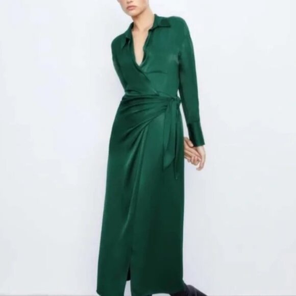 ZARA Emerald Green Satin Effect Long Sleeve Wrap Maxi Dress Ltd Edition Size XXL - Picture 1 of 12